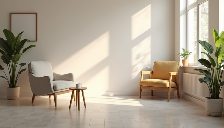 Eye-level view of a calm therapy room with soft lighting and comfortable seating