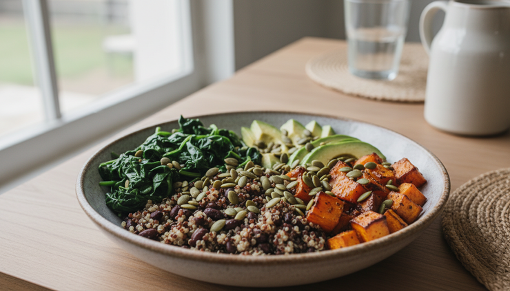 Eye-level view of a warm dinner bowl with quinoa, black beans, spinach, avocado, and pumpkin seeds.