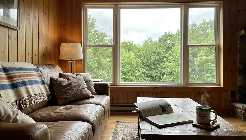 Cozy Poconos vacation rental living room with mountain views, perfect base for exploring top Poconos bars