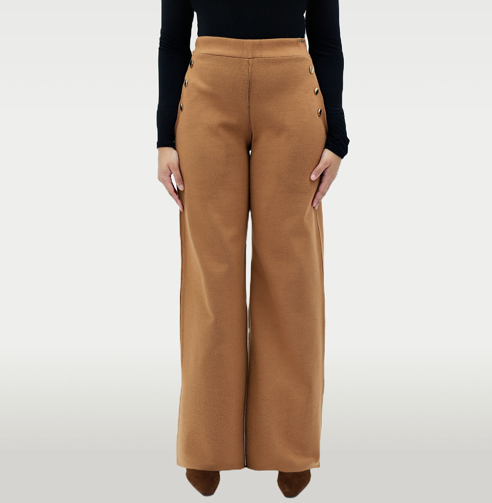 Women’s Rust ribbed knit wide-leg trousers featuring gold-tone button side detail | Millenia