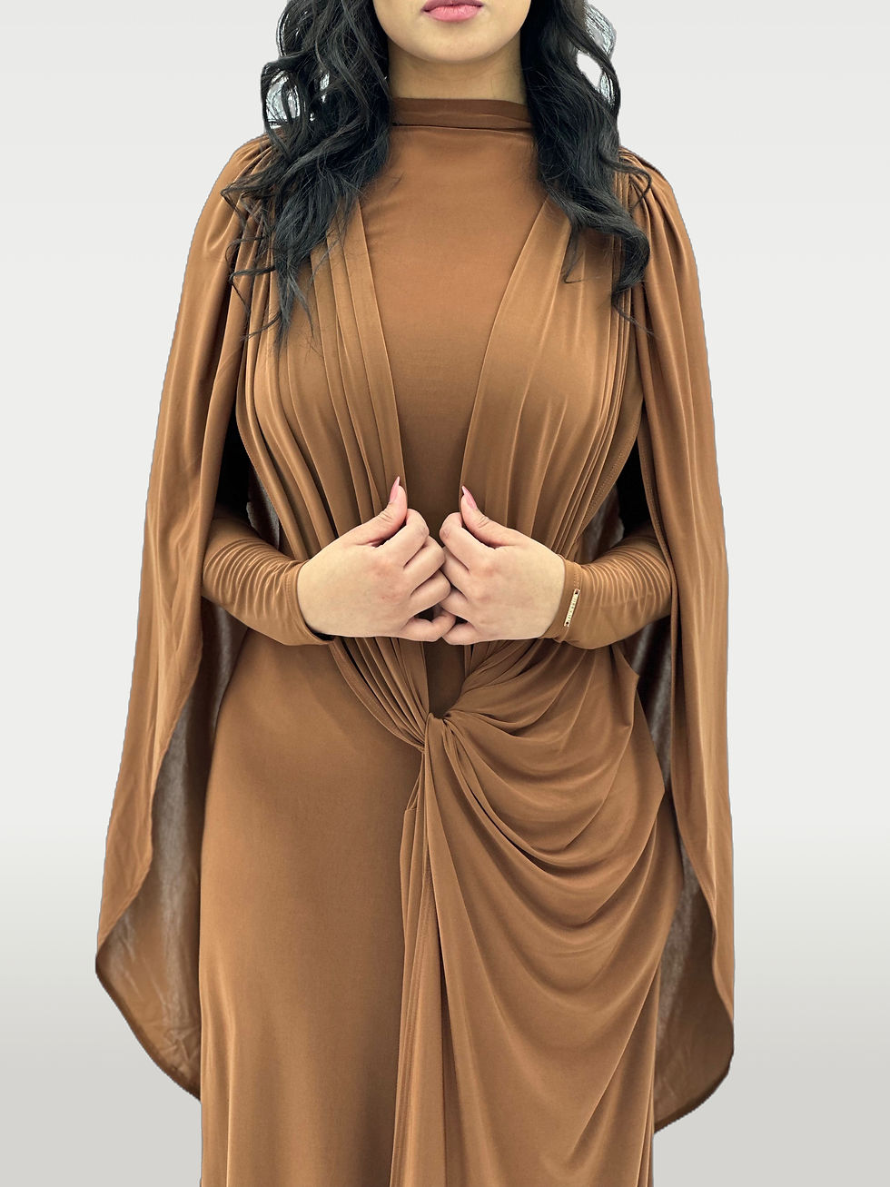 Miniature : Brown Draped Cape Modest Maxi Dress with Sculpted Waist Detail | Millenia