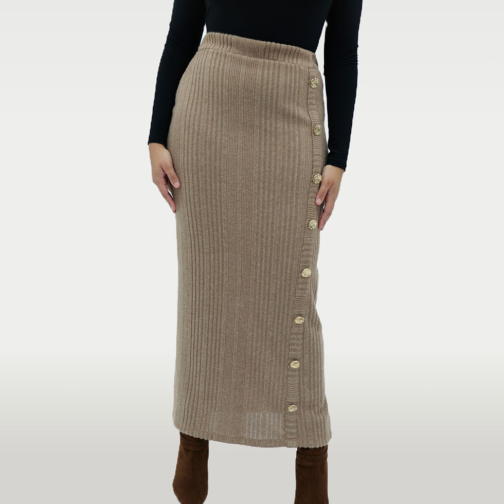 Women’s Camel Brushed ribbed knit modest midi skirt with gold-tone button detailing | Millenia
