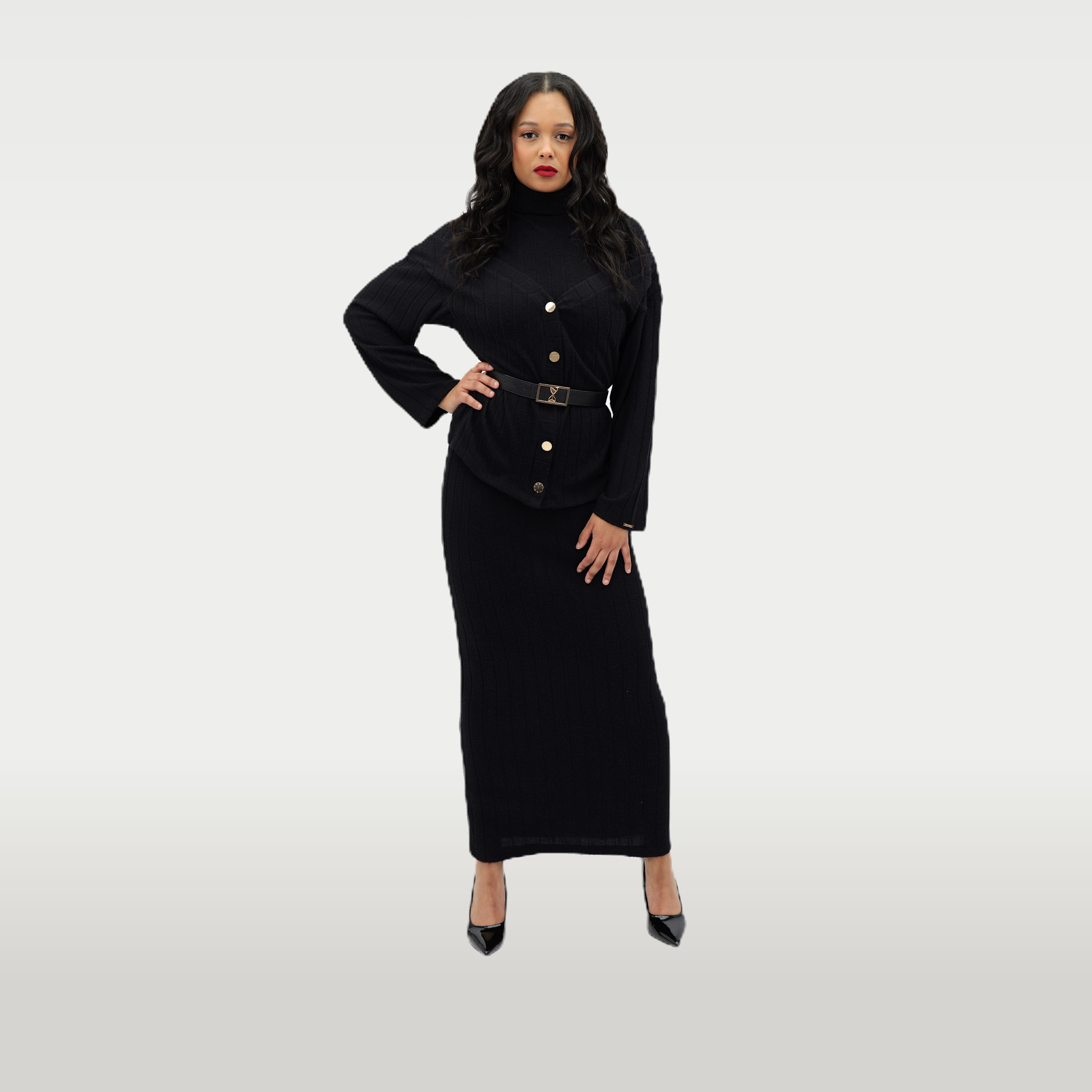 Women’s modest black ribbed knit maxi dress featuring gold buttons, long sleeves, and waist belt | Millenia