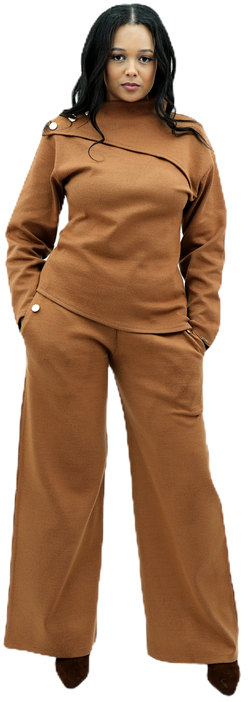 Camel Knit Co-Ord with Asymmetric Button Detail and Wide-Leg Trousers