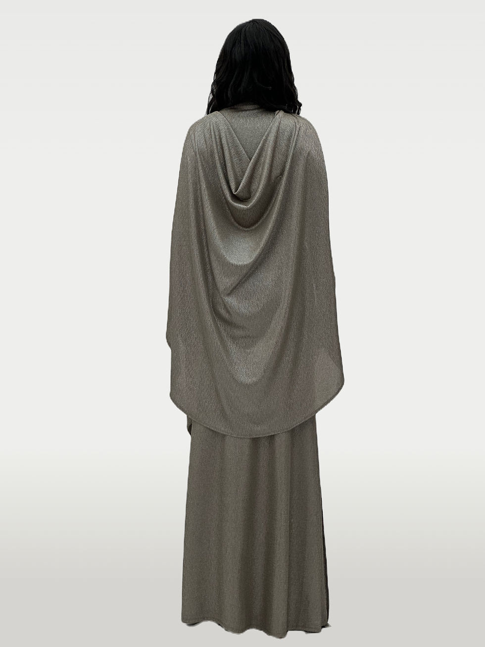 Metallic Champagne Modest Maxi Gown with Draped Cape Sleeve and Gold Trim | Millenia