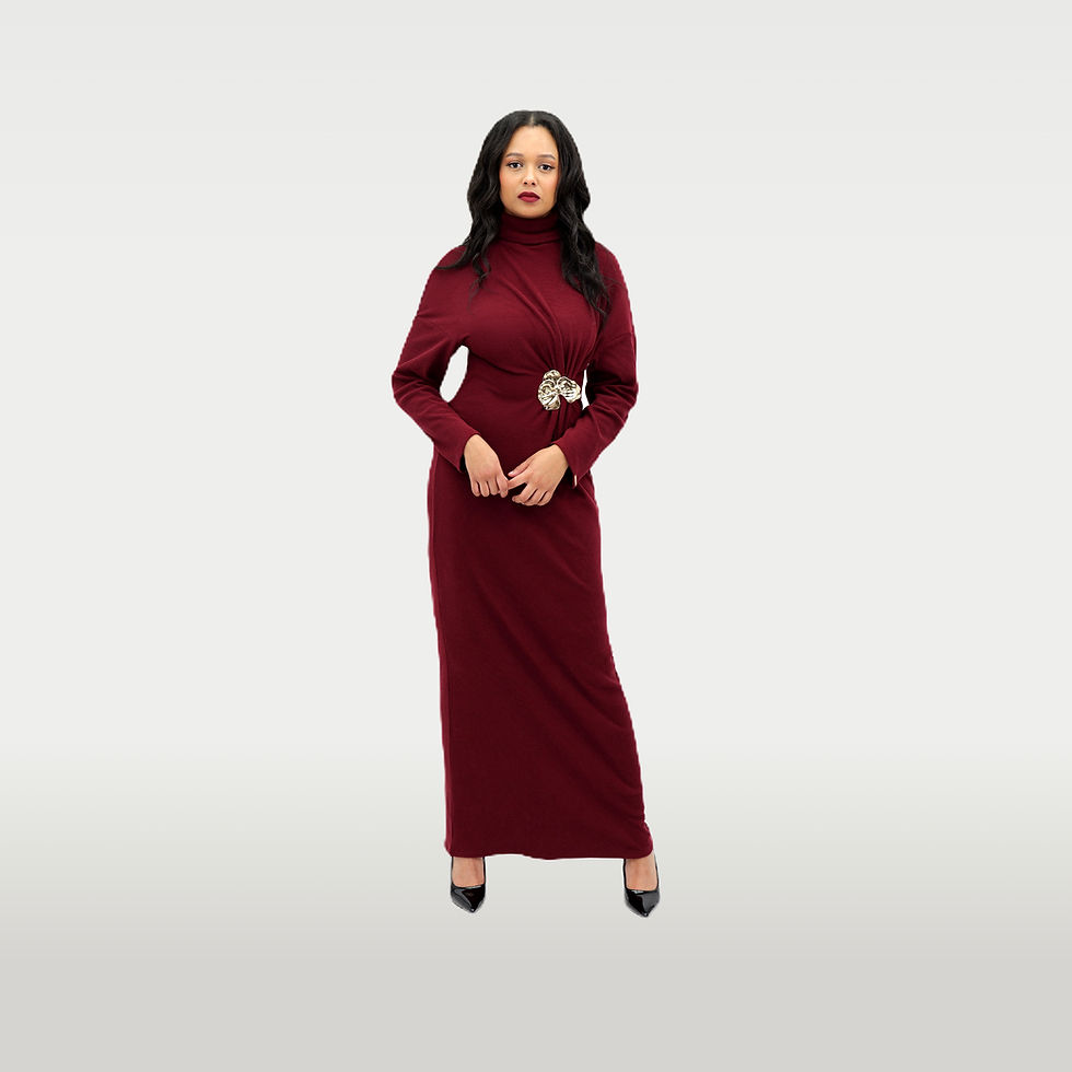 Wine modest maxi dress with high neckline, long sleeves and gold floral brooch waist | Millenia