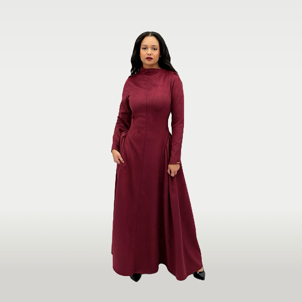 Women’s wine scuba suede modest maxi dress featuring high neckline, long sleeves, and structured pleats | Millenia