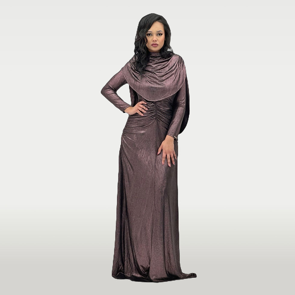 Metallic Bronze Cowl‑Neck Maxi Gown Modest Long Sleeve | Millenia