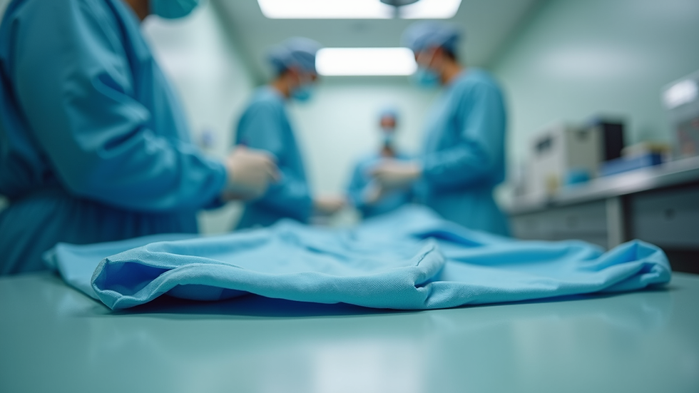 Surgeons in navy scrubs perform surgery in a well-lit operating room. Focus on a folded surgical cloth in the foreground.
