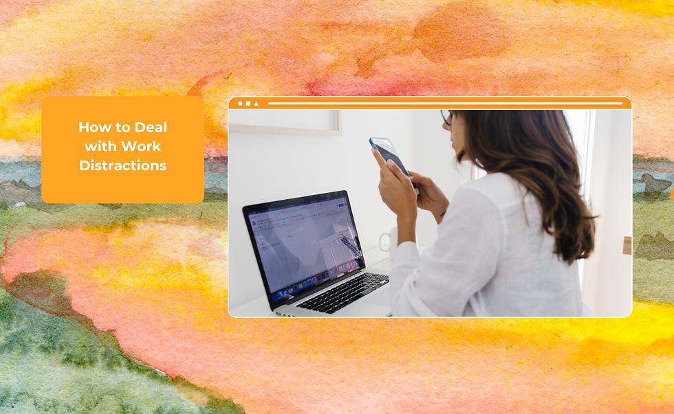 Photo with background illustration. Photo: A person with a tablet in one hand while their other hand is in the sink full of water. Text: How to Deal with Work Distractions