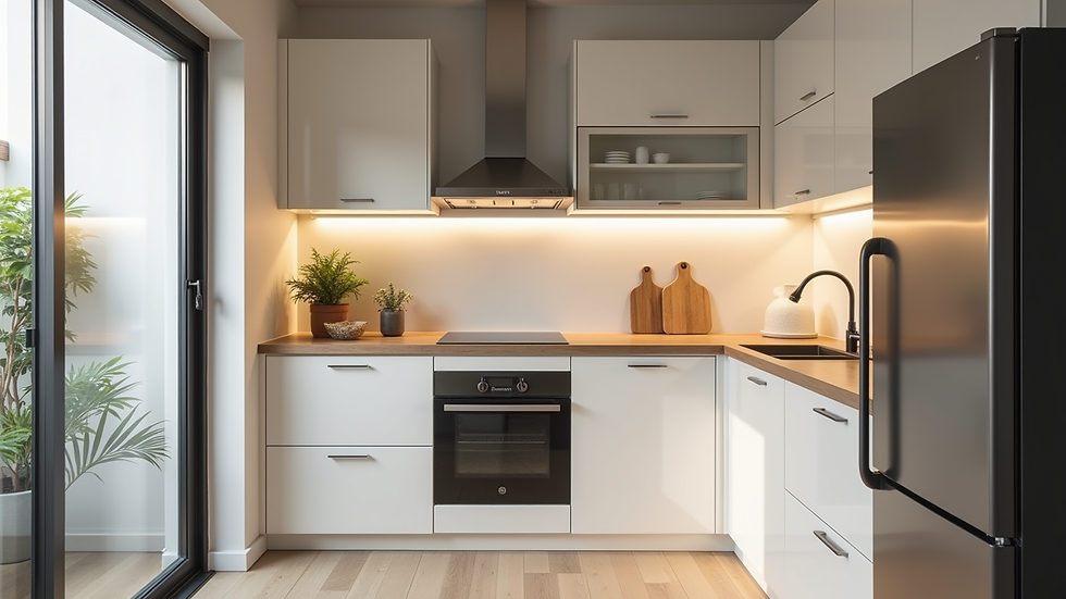 Eye-level view of a beautifully renovated kitchen with modern appliances