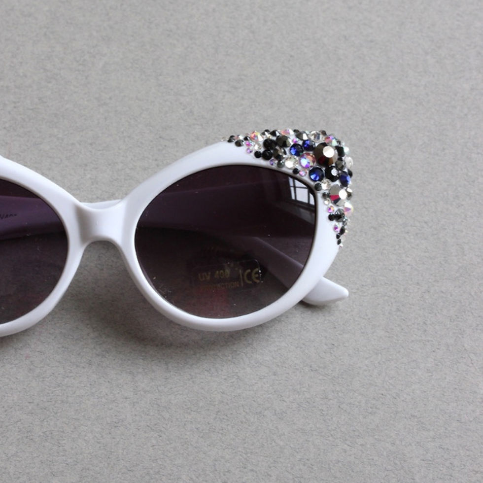 Thumbnail: Monochrome crystal white cats eye sunglasses for your hen do hag do festival or wedding party look