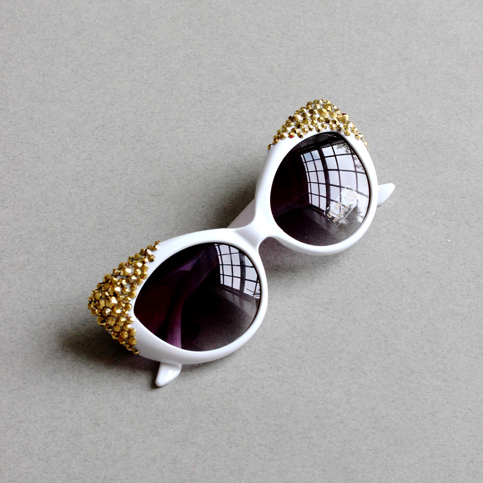Thumbnail: Gold crystal white cats eye sunglasses for your hen do hag do festival or wedding party look