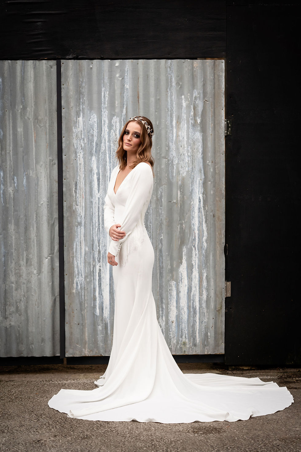 Silver leaves and sapphire crystals long bridal hair vine from Glorious by Heidi