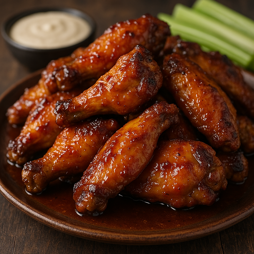 Grilled chicken wings coated in Big Dog Sauce’s Maple BBQ and Mango Habanero Sauce glaze, caramelized to sticky perfection.