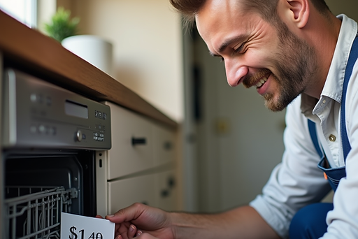 Appliance technician inspecting a dishwasher in a modern kitchen