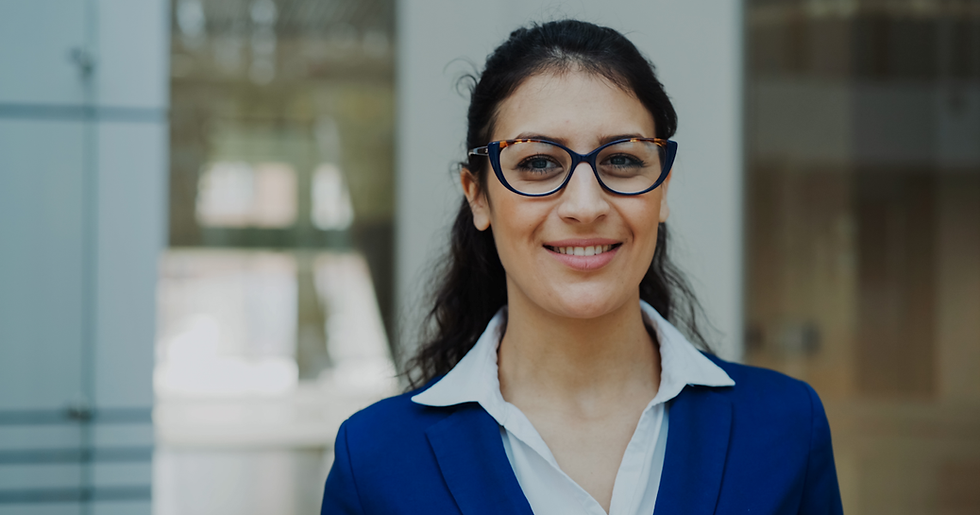 Successful Zoho CRM professional businesswoman in glasses and suit representing independent freelance consultant career path