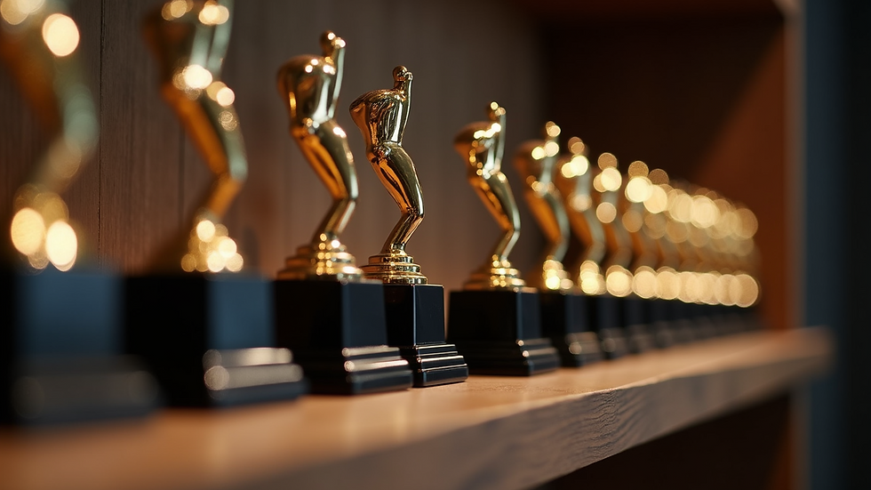High angle view of music awards displayed on a shelf