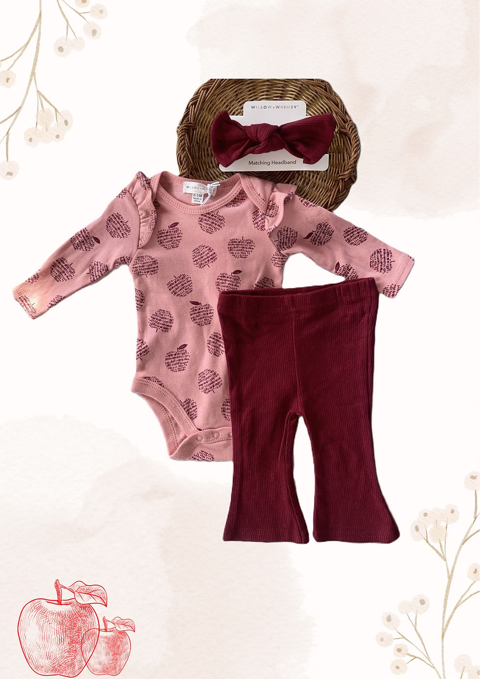Willow + Whimsy apple print 3-piece baby set – front view, long-sleeve bodysuit with apple print, ribbed bell-bottom leggings