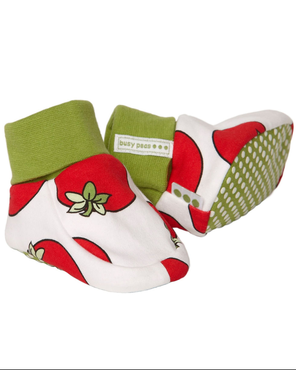Busy Peas baby booties with tomato print