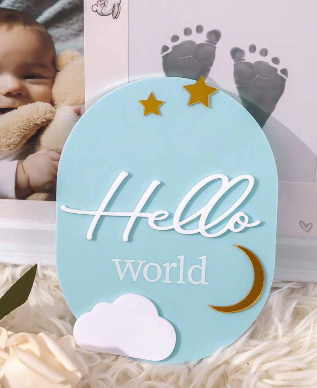  ‘HELLO WORLD’ BLUE ACRYLIC ANNOUNCEMENT SIGN