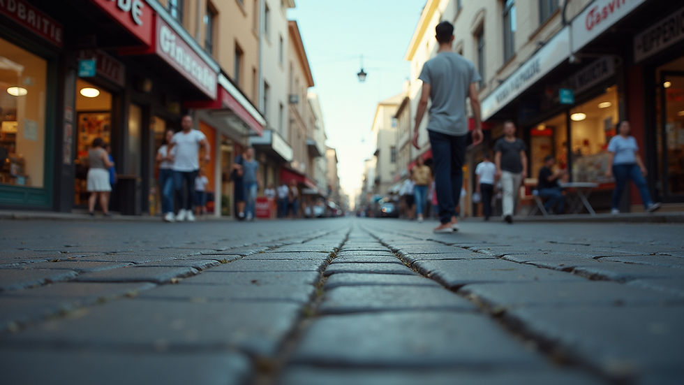 Eye-level view of a busy local business street