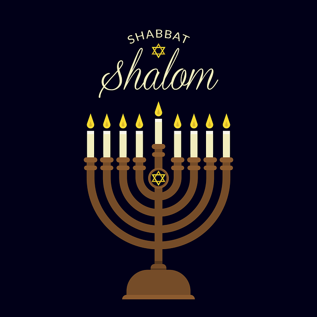 The menorah, the symbol of the Sabbath and the greeting "Shabbat Shalom" (Happy Sabbath).