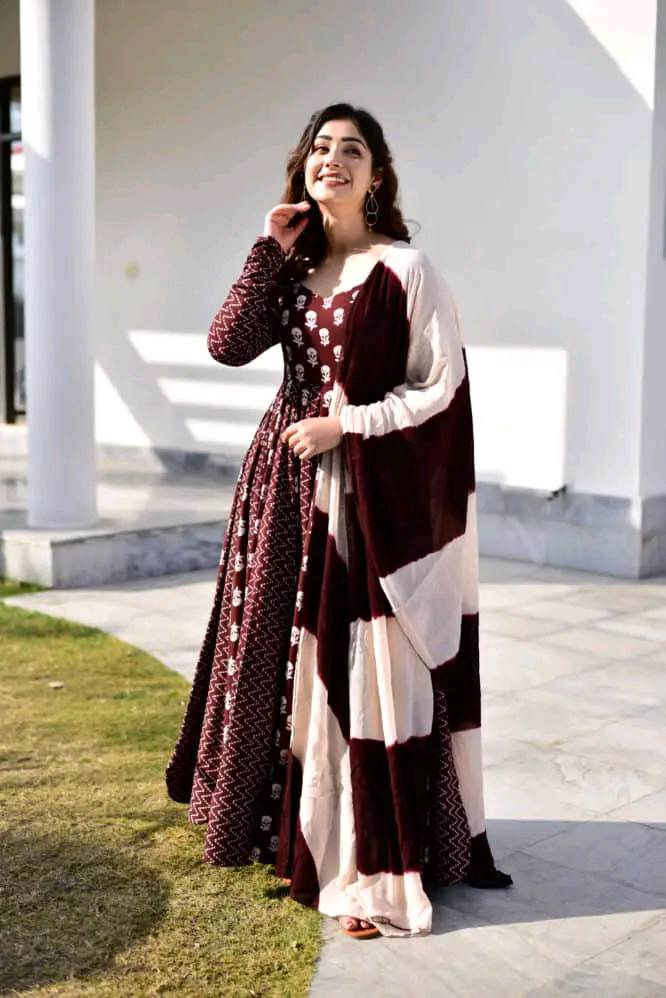 Thumbnail: Long Anarkali Suit With Beautiful Mulmul Dupatta Sets