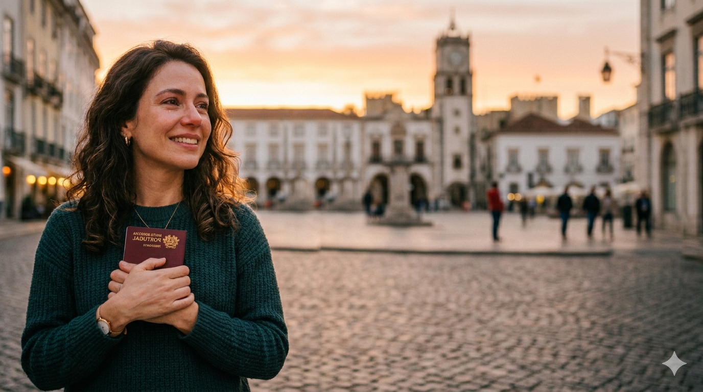 Mulher com passaporte português numa praça em Portugal ao pôr do sol