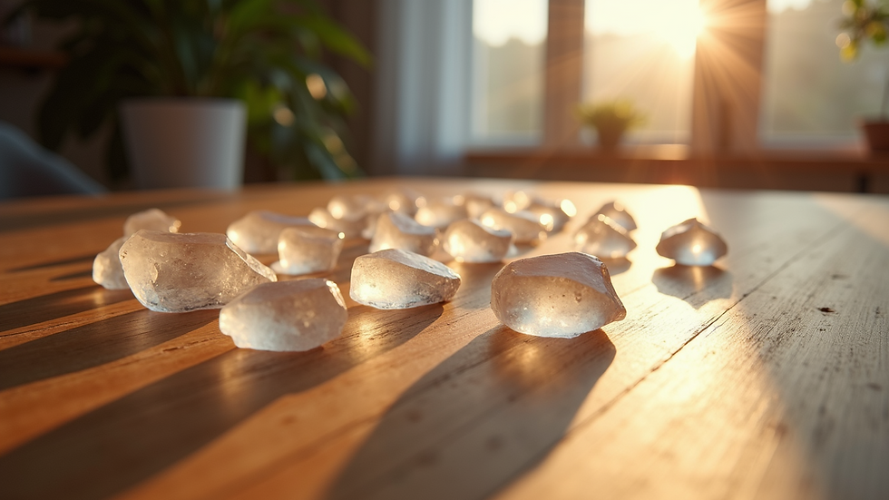 Eye-level view of a crystal grid arranged on a wooden table