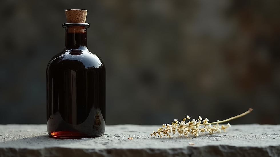 Eye-level view of a dark glass bottle filled with water on a stone altar