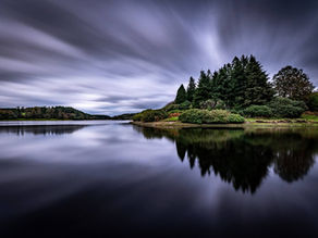 A Dartmoor lake with a stand of trees and blurred clouds