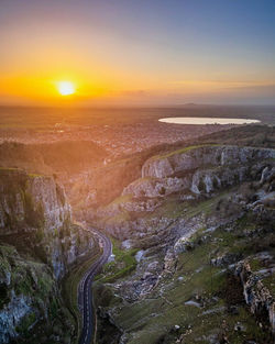A winter sunset looking down Cheddar gorge by drone photographer, Gary Holpin Photography