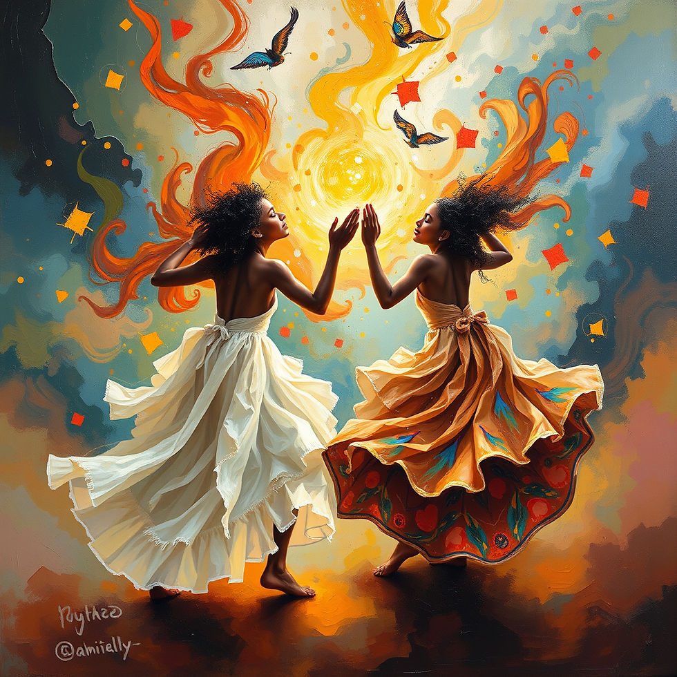Two women dance under swirling orange and yellow abstract patterns, with birds overhead. Their dresses flow gracefully in dynamic motion.