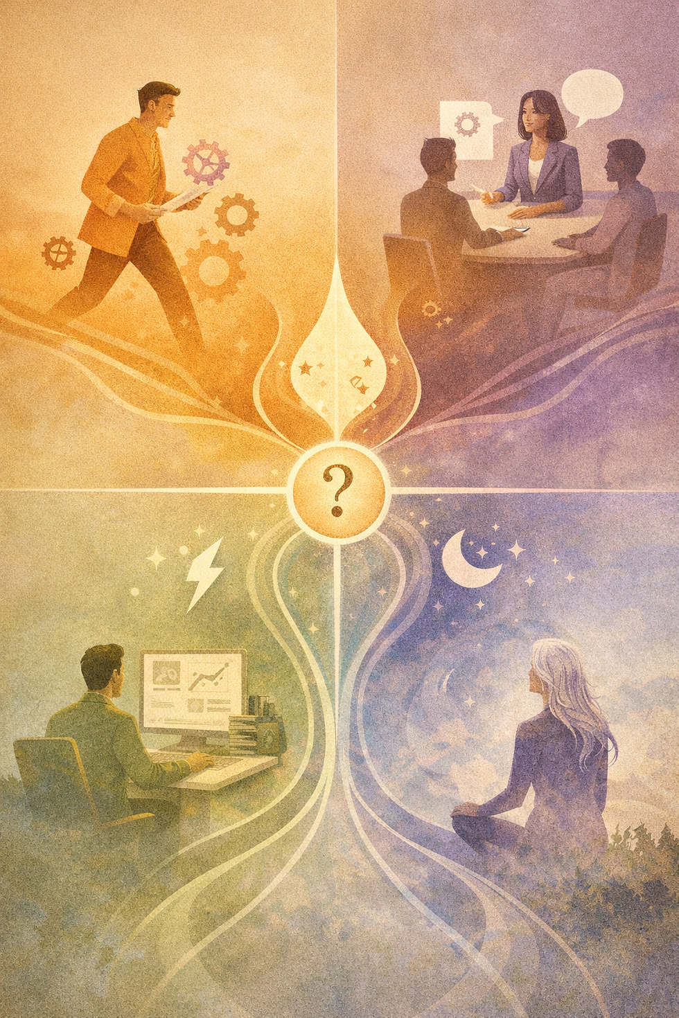 Divided image: Top left, man with gears; top right, woman at a table talking; bottom left, man at a PC; bottom right, woman meditating. Central "?".