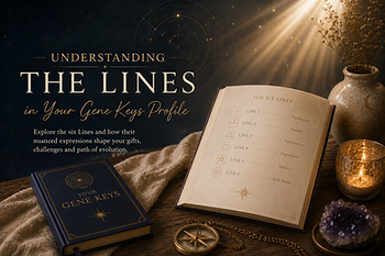 Mystical tabletop with books titled Your Gene Keys and The Six Lines, candle, crystal, vase, and golden light.