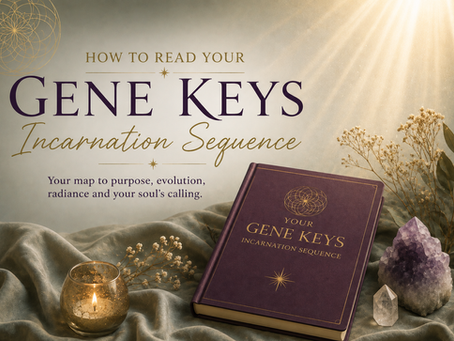 Gene Keys Incarnation Sequence book cover with purple book, candle, crystals, and flowers in soft golden light.