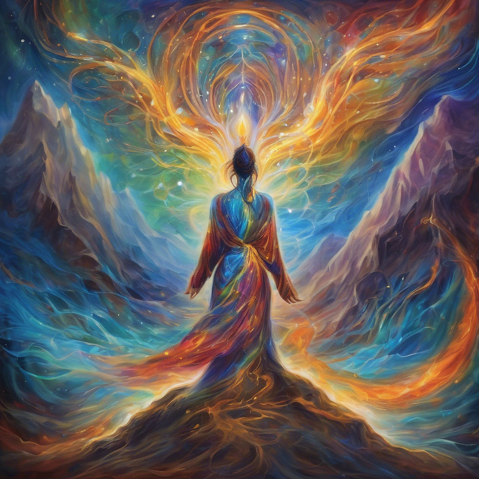 A figure stands on a mountain, vibrant colors radiating around them, with swirling light patterns suggesting energy and spirituality.