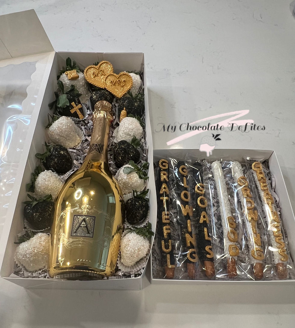Black, Gold and White Strawberry Wine Box and Pretzels
