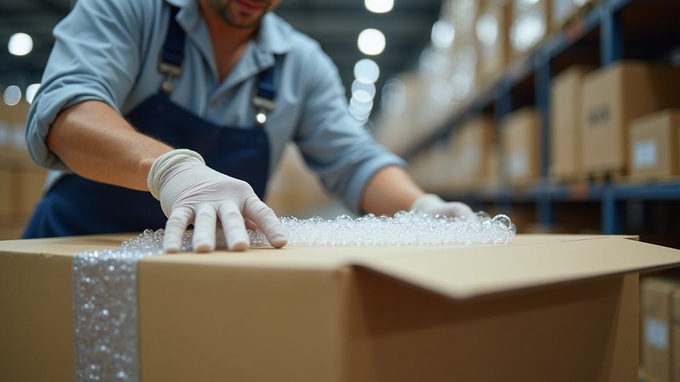 Close-up view of a worker packing a box with bubble wrap in a fulfillment center