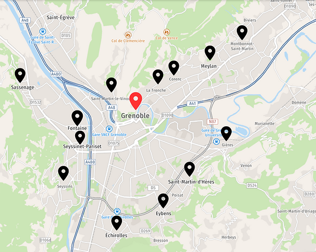Plan de nos secteurs : grenoble, echirolles, poisat, eybens, meylan, corenc, la tronche, fontaine, seyssinet, seyssins, sassenage.