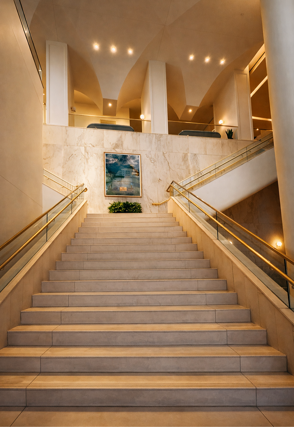 Grand staircase inside The Laura Hotel in downtown Houston, with warm lighting, pale stone, and arched ceilings above.