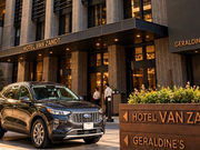 Exterior of Hotel Van Zandt in Austin, Texas, with Hotel Van Zandt and Geraldine’s signage at the entrance.