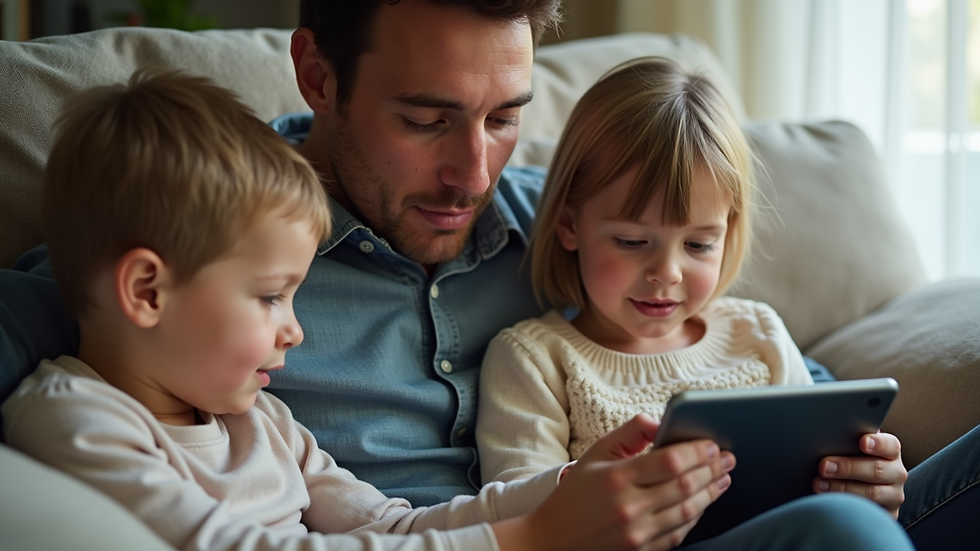 High angle view of a family sitting together with a tablet