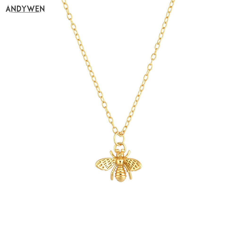 ANDYWEN 925 Sterling Silver Gold Bee Pendant Necklace Women Fashion Luxury Jewel