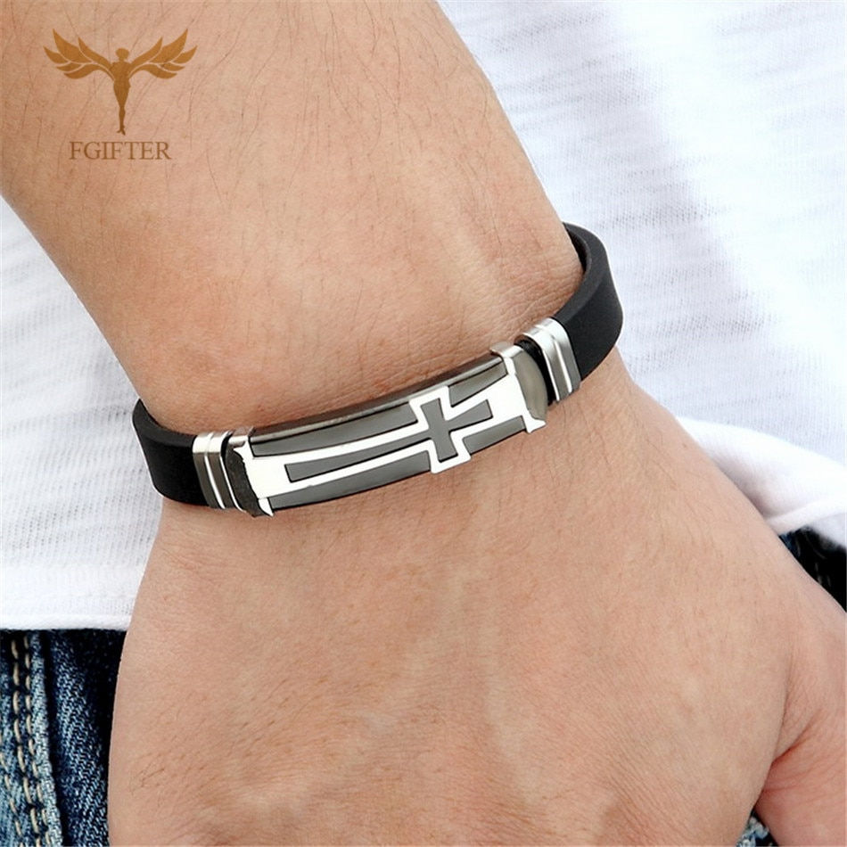 Classical Man Bracelets Christian Cross Bracelet Black Silicone Stainless Steel