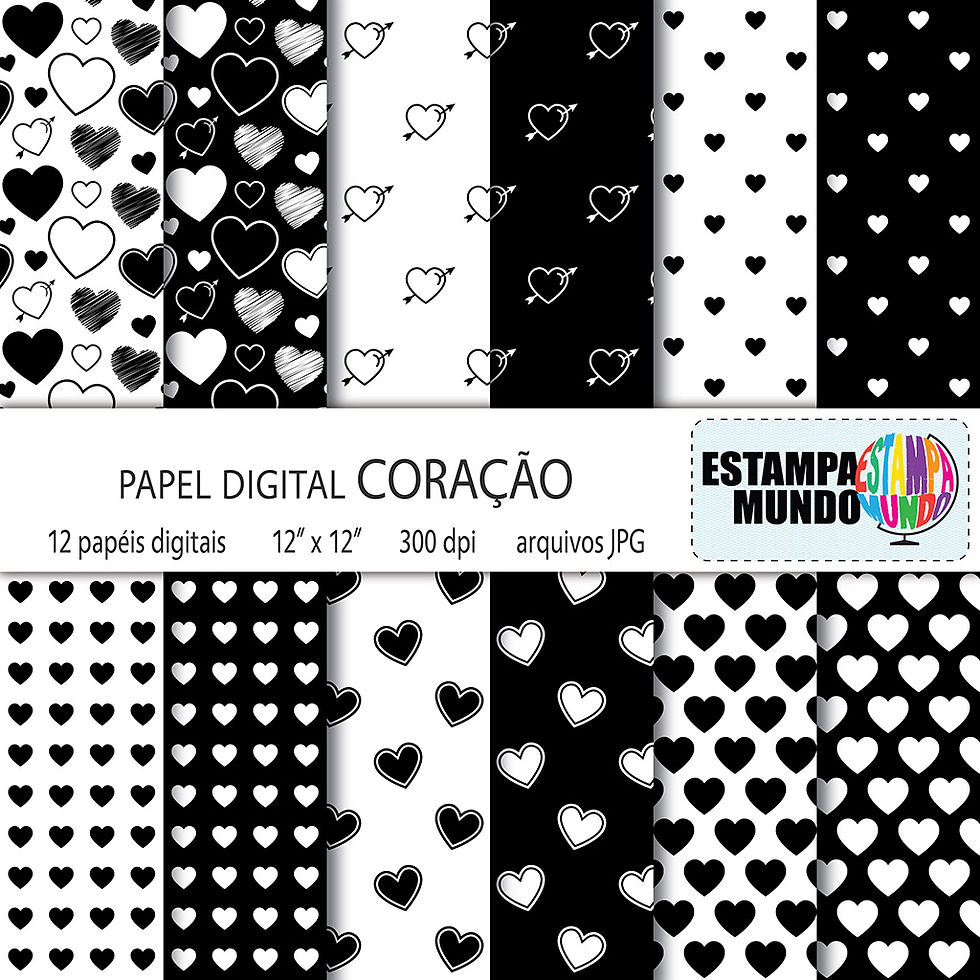Papel Digital Coração Preto e Branco