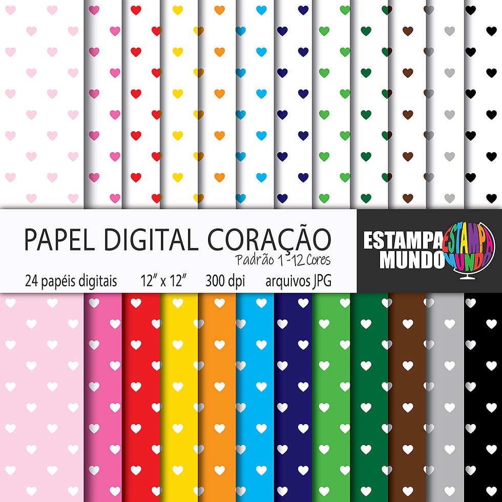 Papel Digital Coração - Padrão 1 - 12 Cores - 24 Papéis