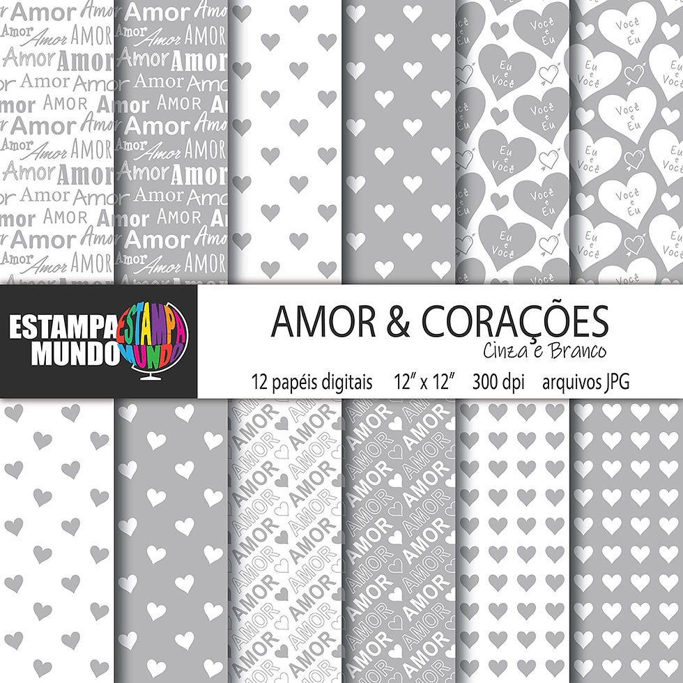Papel Digital Amor e Corações Cinza e Branco