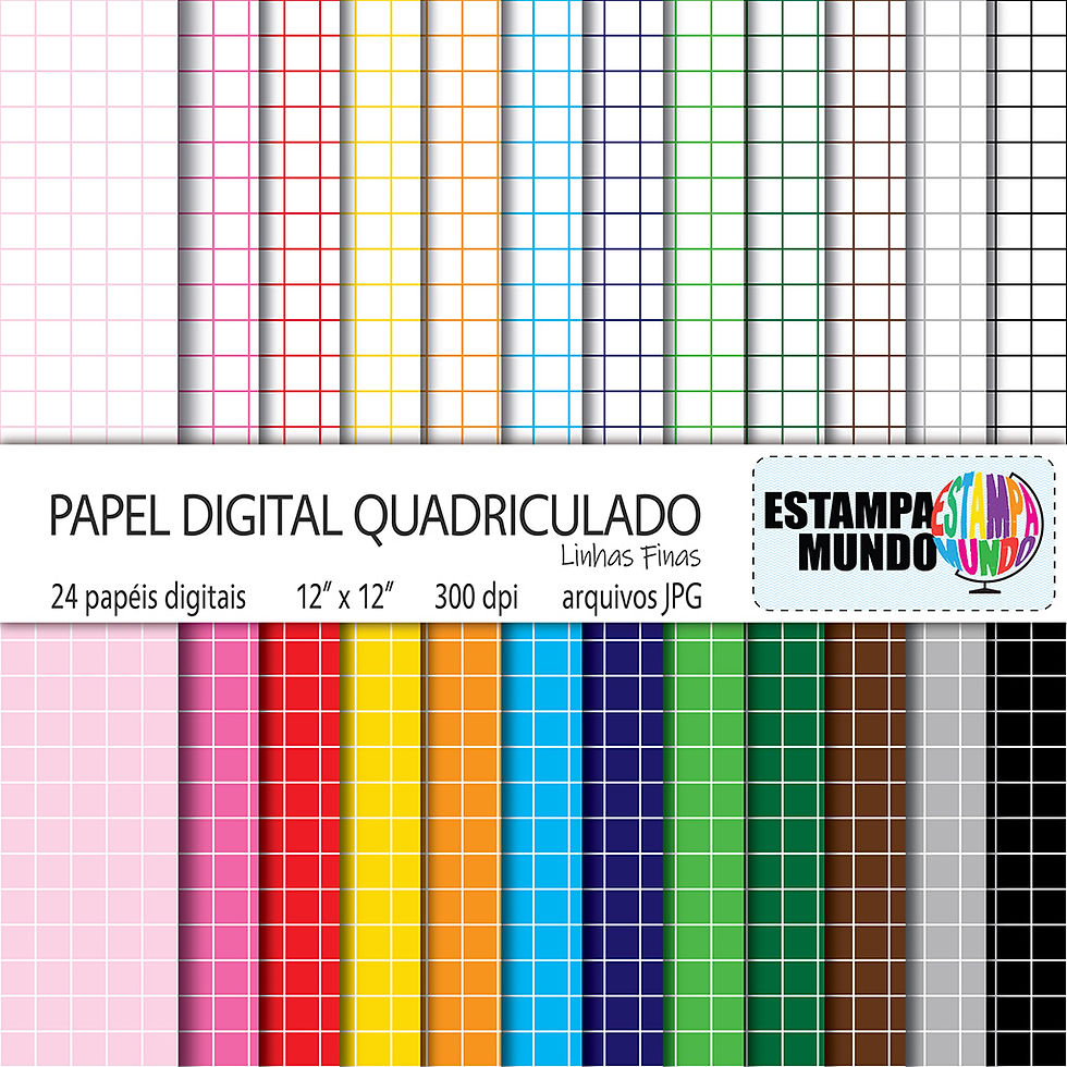 Papel Digital Quadriculado – Linhas Finas – 12 Cores – 24 Papéis